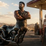 Ultra-realistic depiction of Motaur, the motorcycle-centaur inspired advertising character, standing confidently in a desert setting representing motorcycle culture and rider identity.