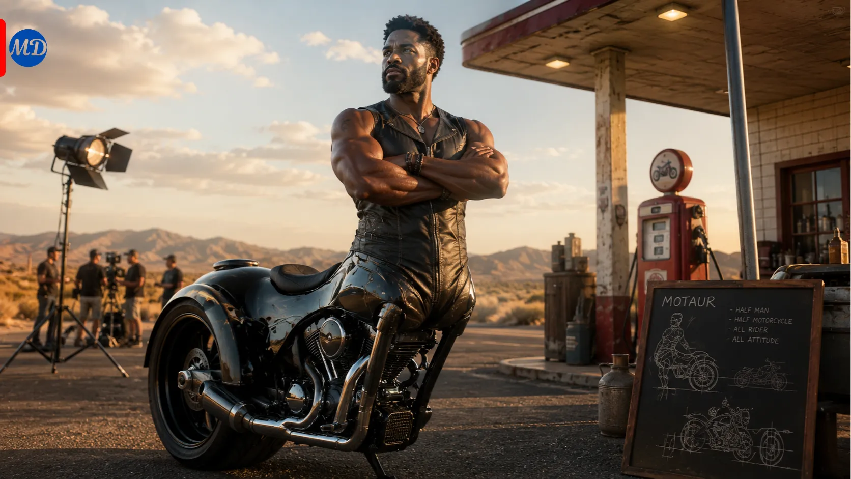 Ultra-realistic depiction of Motaur, the motorcycle-centaur inspired advertising character, standing confidently in a desert setting representing motorcycle culture and rider identity.